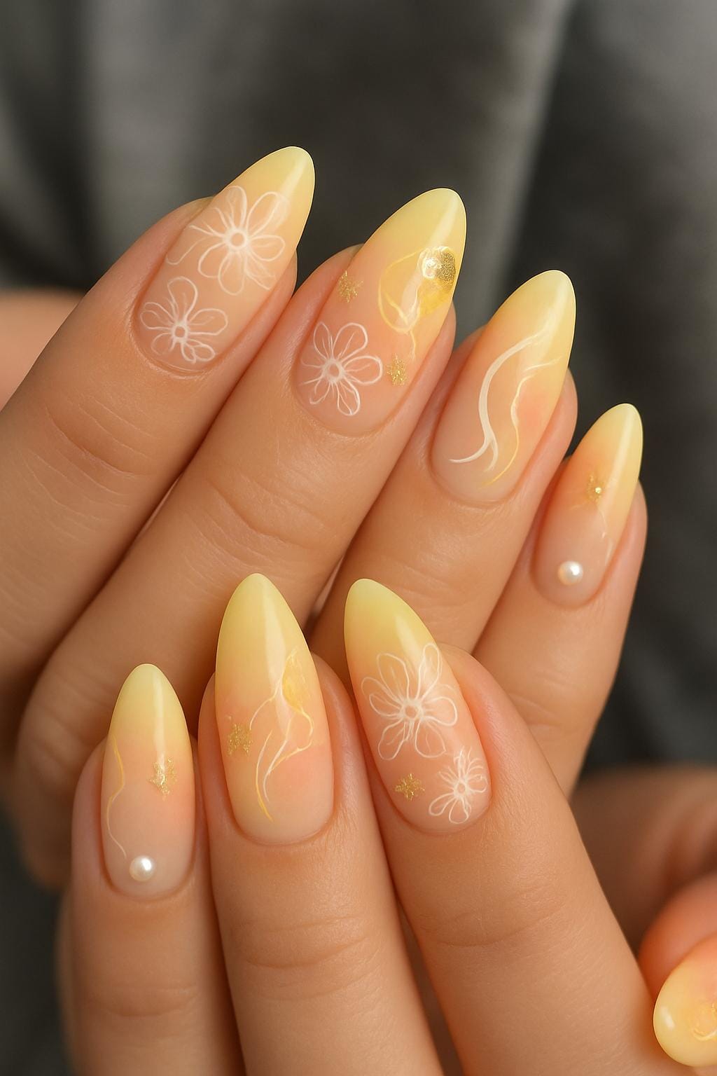 Yellow ombre almond nails with white flower art and pearl embellishments