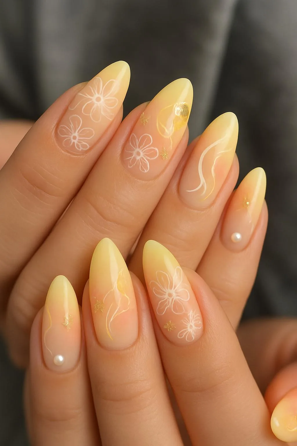 Yellow ombre almond nails with white flower art and pearl embellishments