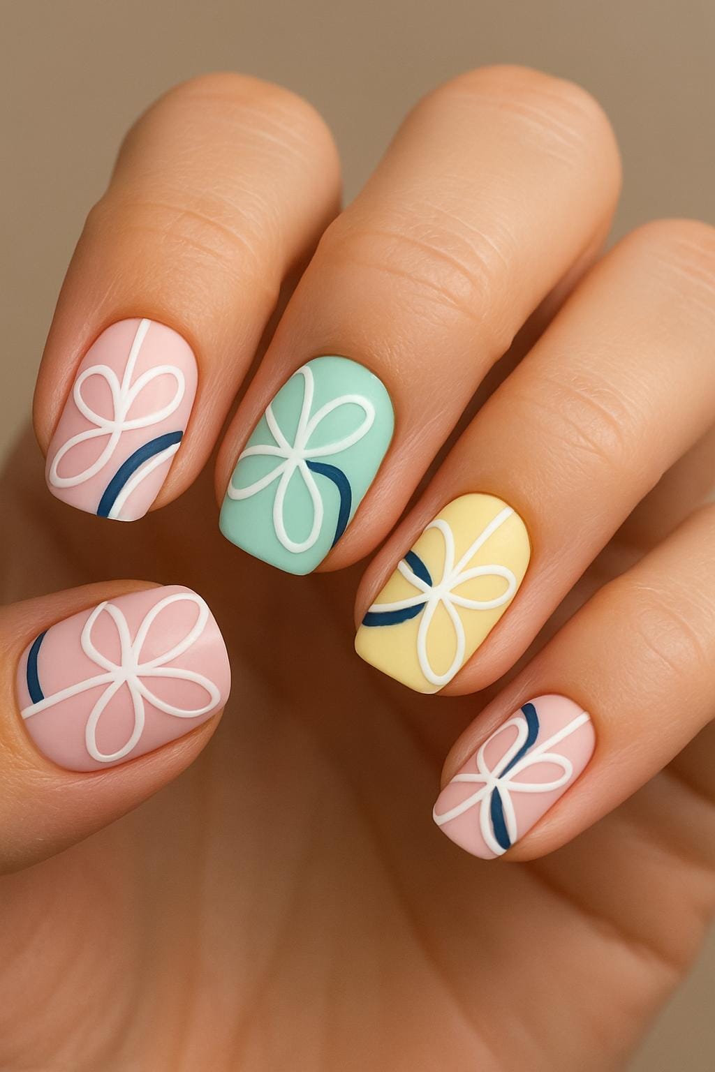 Pastel nails with white outlined flower bows and navy accent arcs