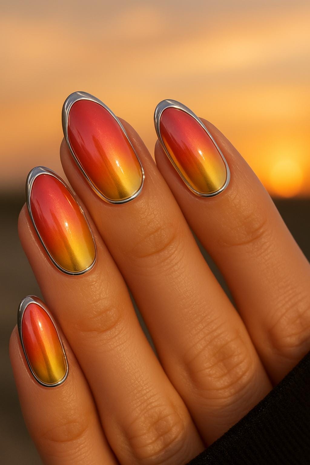 Up close woman sunset ombre color chrome nails with a gradient base shifting from deep coral at the cuticle to golden yellow at the tips accented by