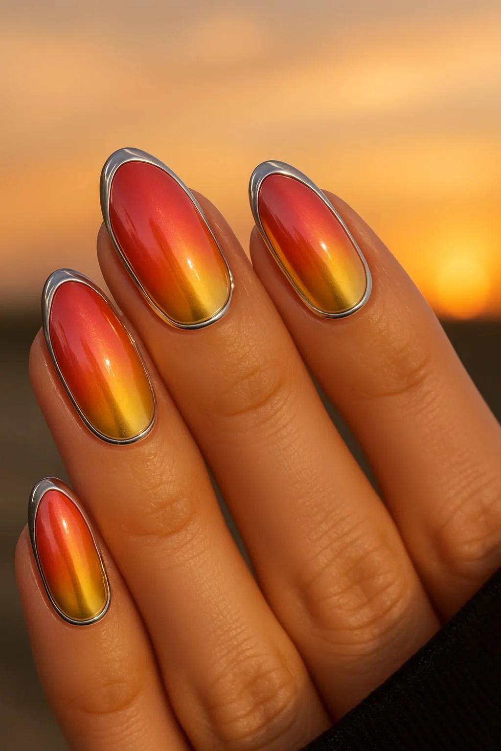 Glossy sunset ombré nails with silver chrome borders