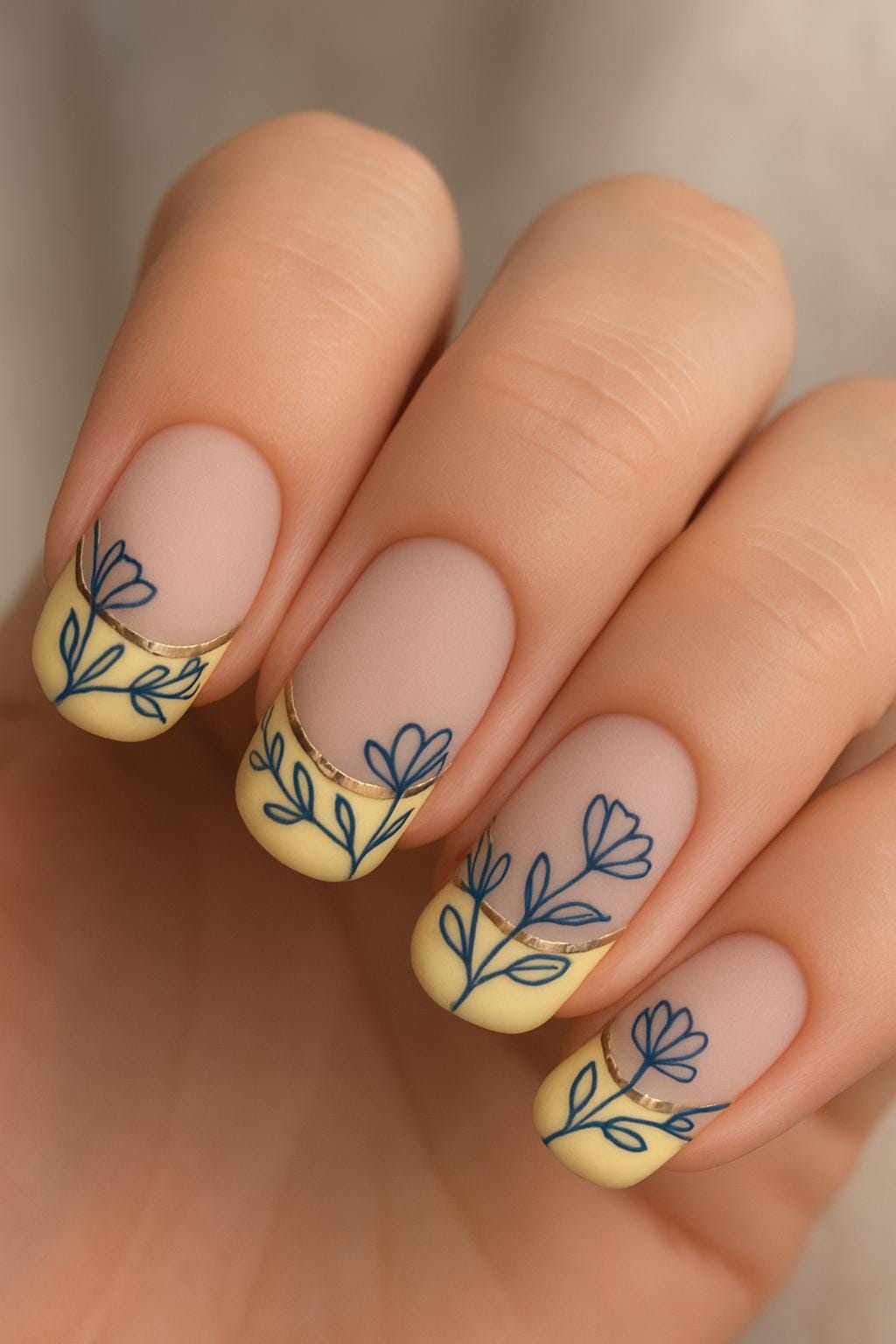 Pastel yellow French nails with blue floral line art and gold accents