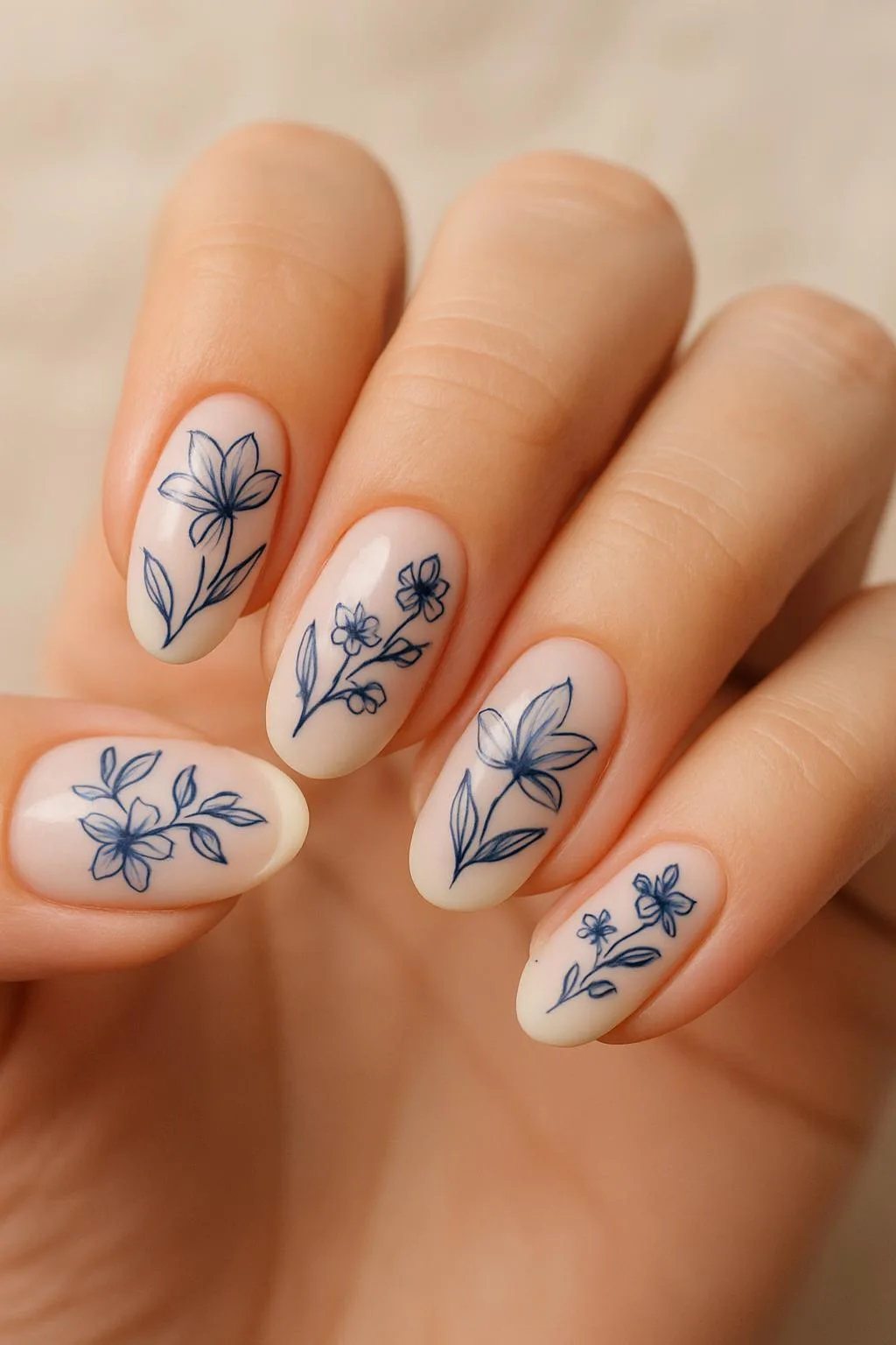 Minimalist floral nail art with navy blue outlines