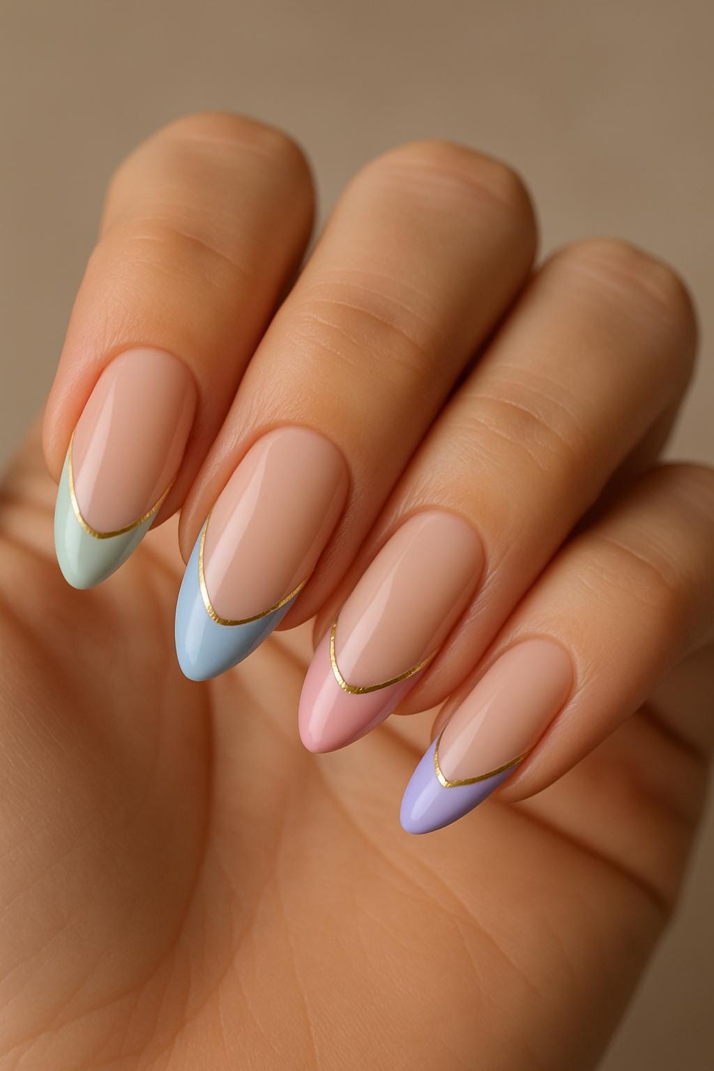 Almond nails with pastel French tips and gold striping detail