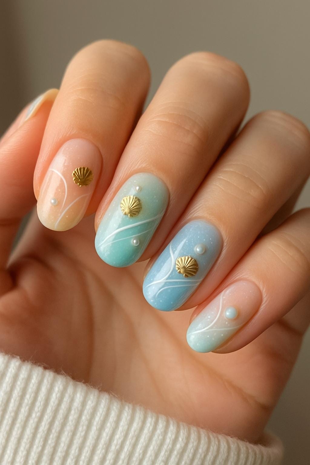 Ombre nails with gold seashell charms and pearls