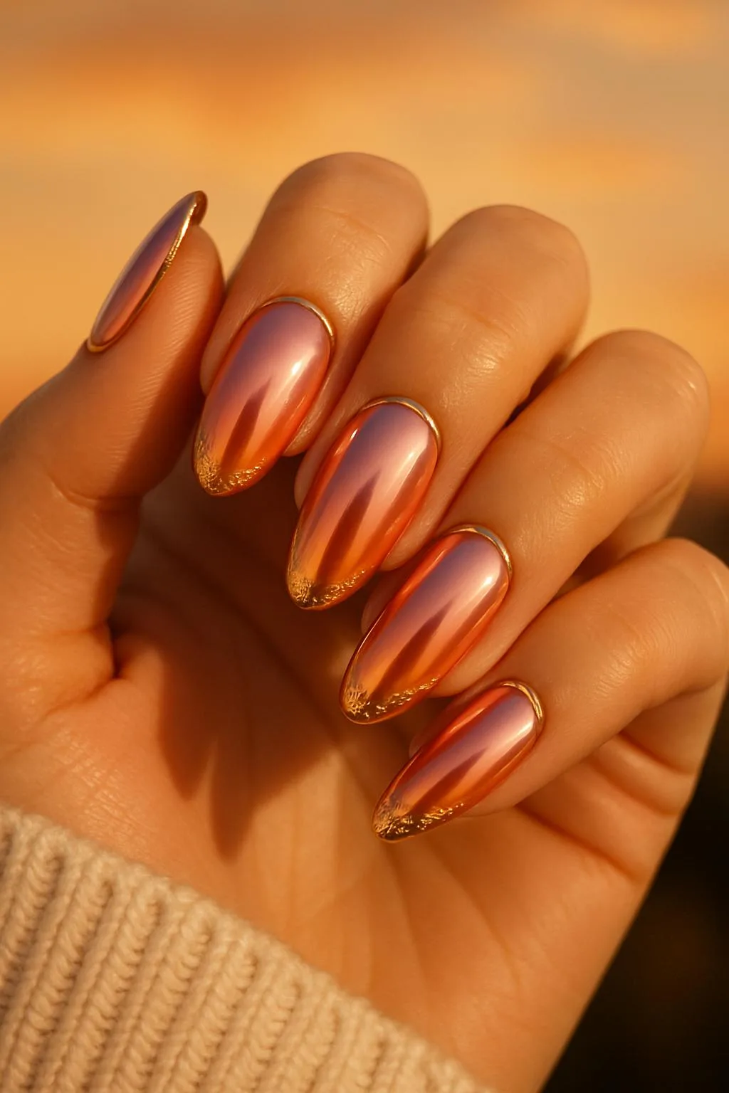 Sunset pink chrome nails with golden tip accents