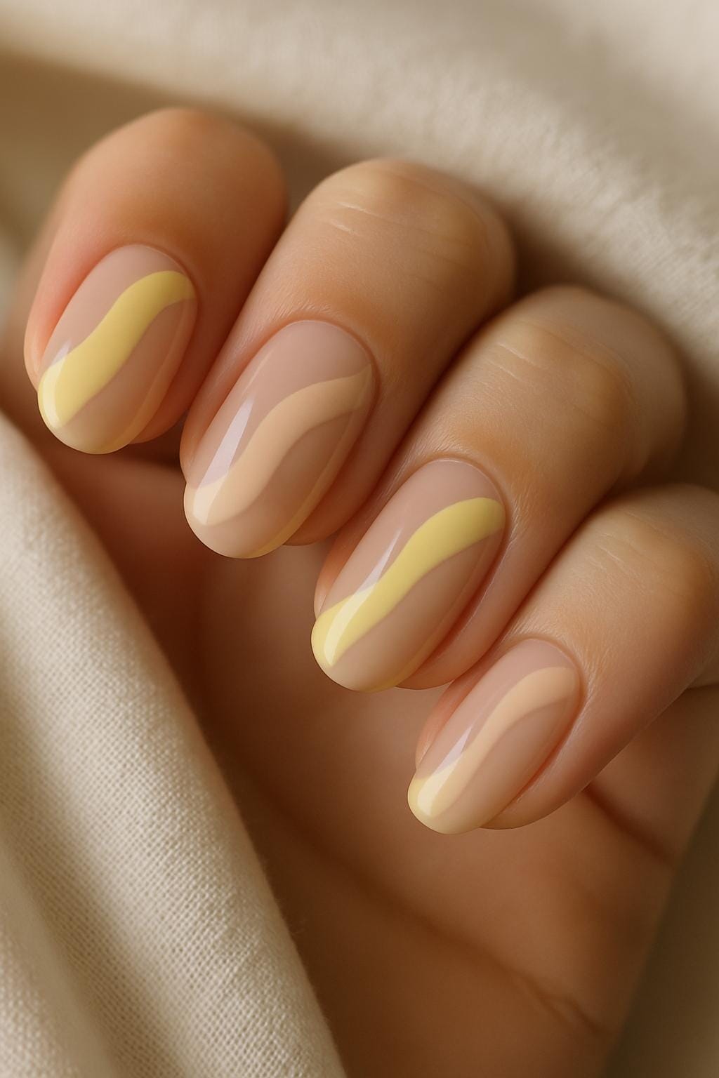 Almond nails with sheer nude polish and wavy pastel yellow stripes