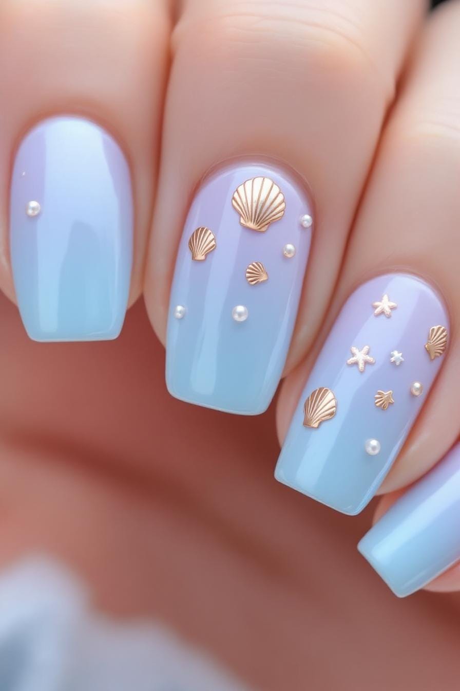 Blue pastel nails with gold shell and pearl accents