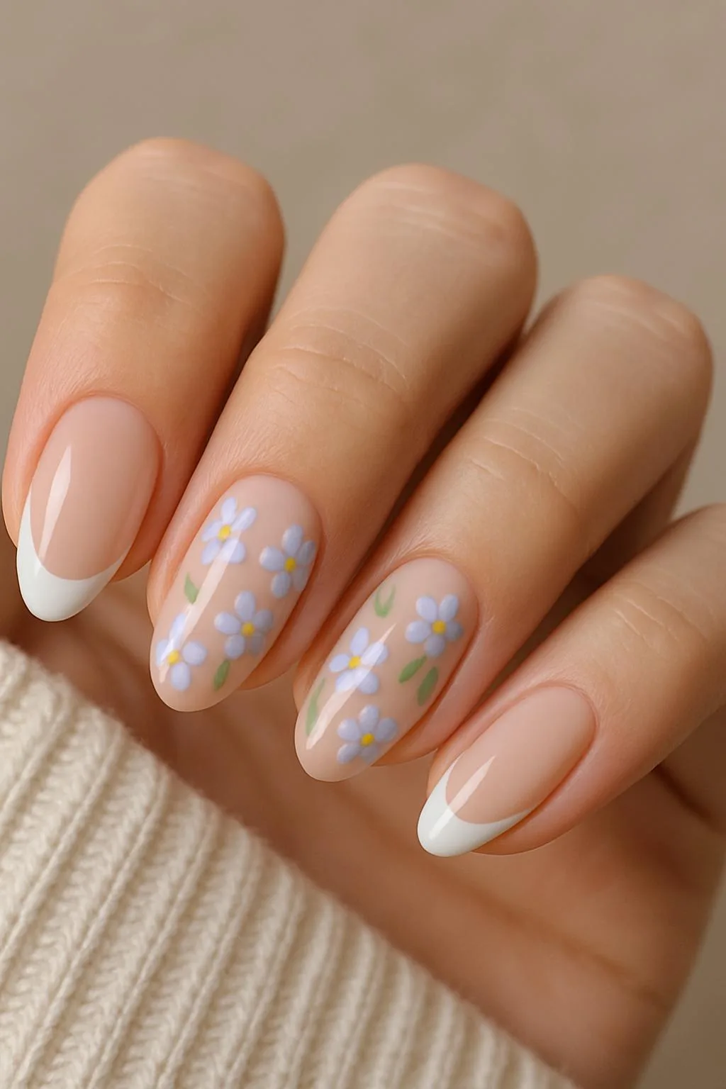 Almond nails with pastel daisy flowers and crisp white French tips