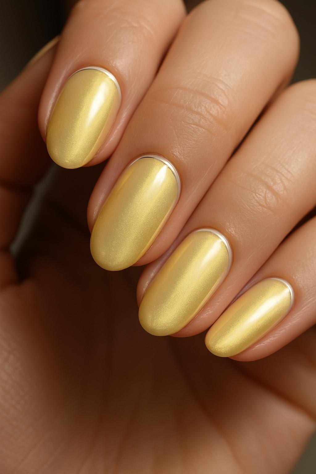 Butter yellow nails with shiny pearl accents at the base