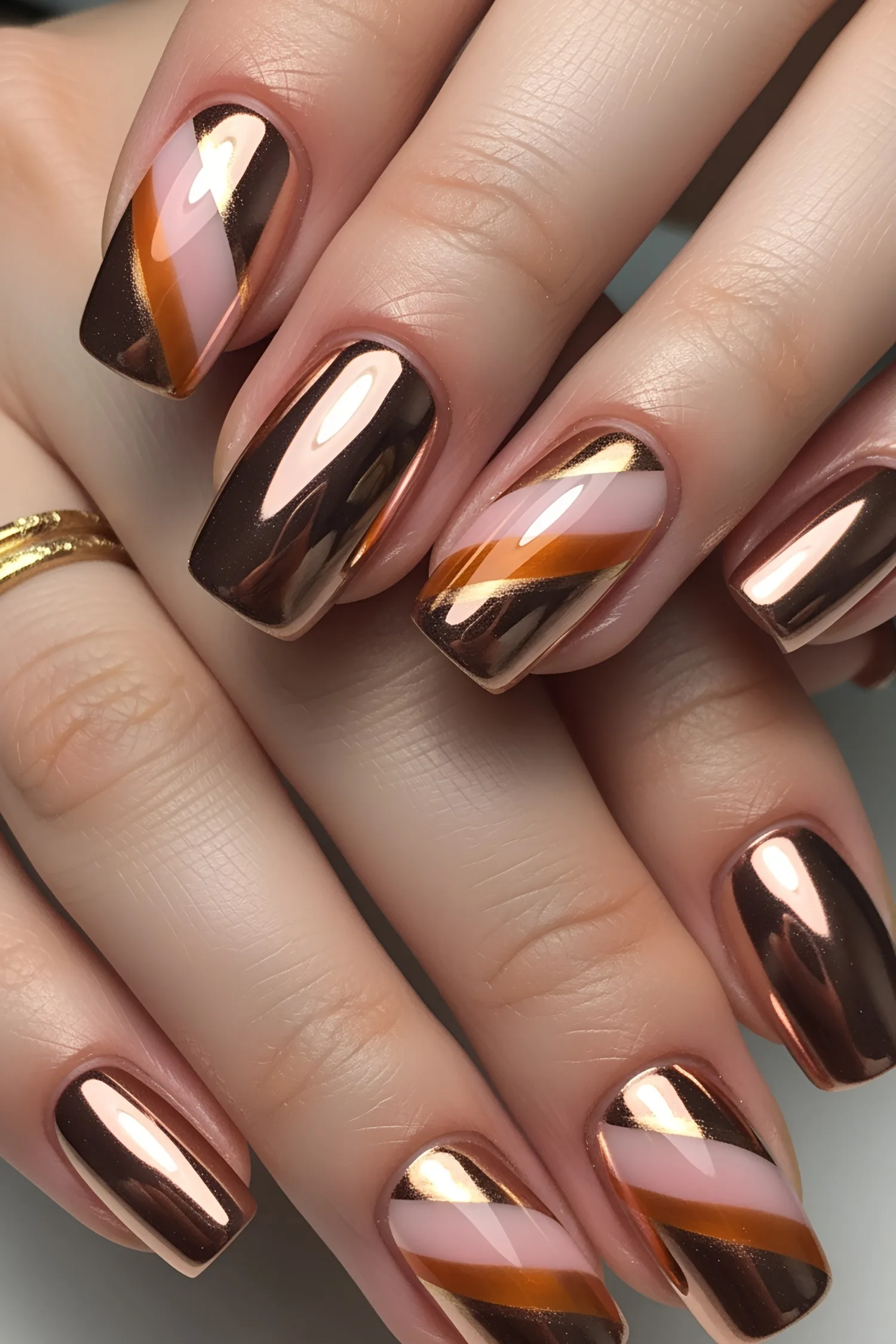 Metallic bronze nails with sunset-inspired diagonal stripes