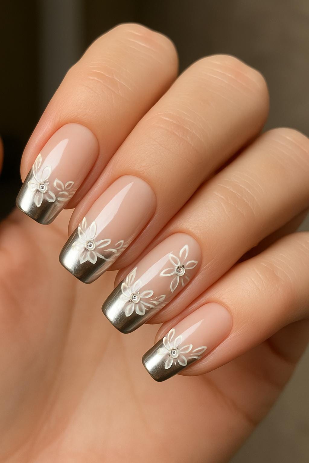 Silver chrome French tips with white daisy art