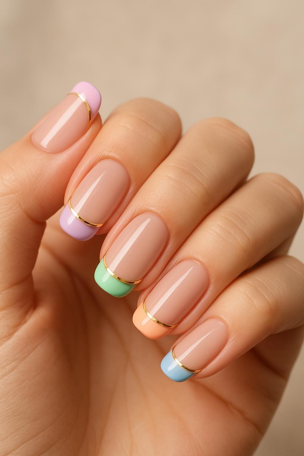 Manicure with pastel-colored French tips and gold accent stripes