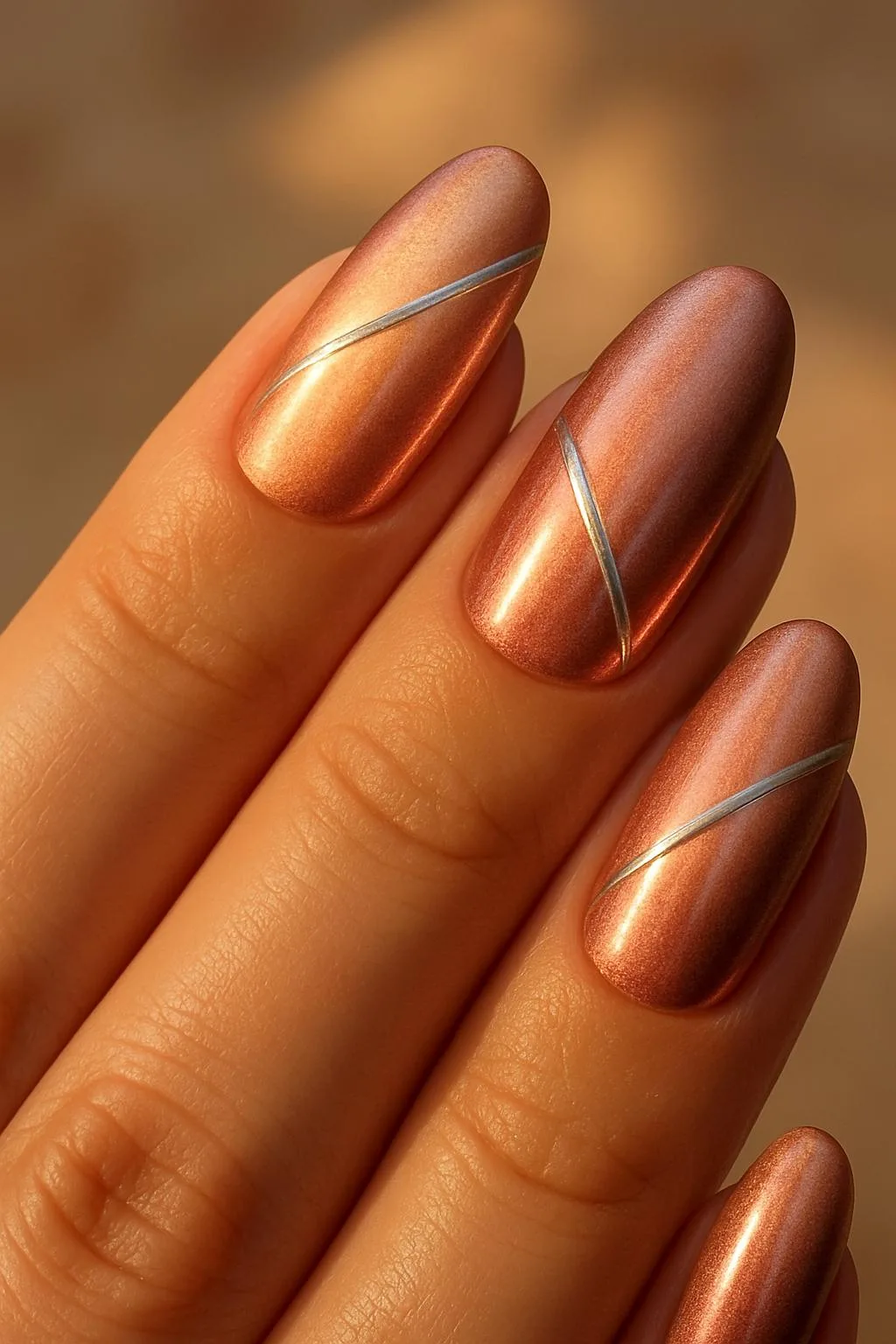 Chrome sunset nails with metallic silver diagonal lines
