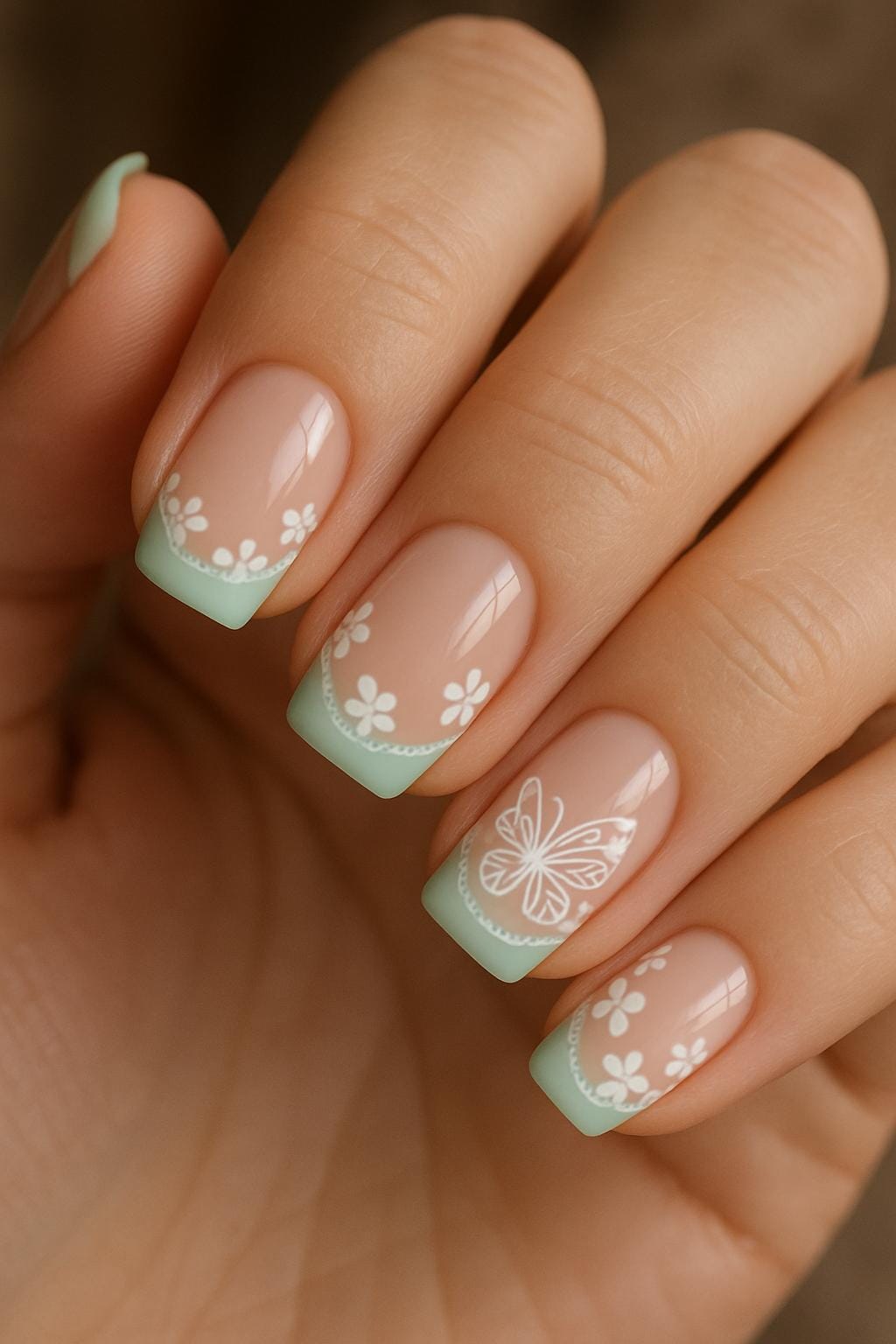 Pastel mint French tips with white flowers and a delicate butterfly accent