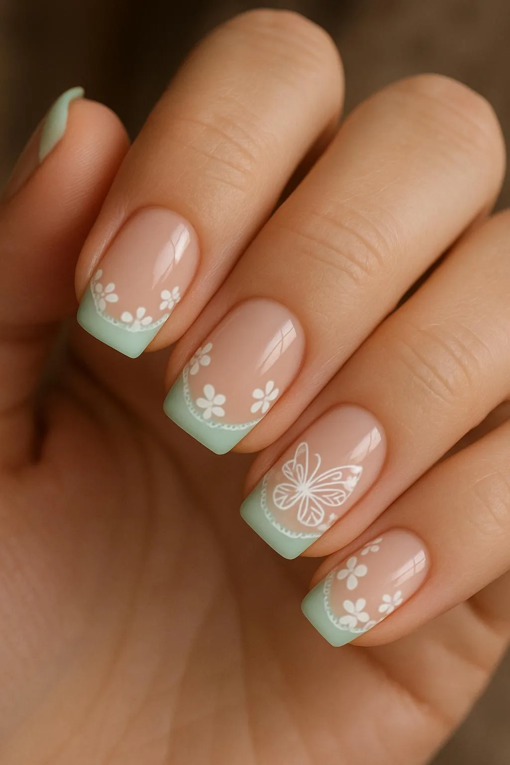 Pastel mint French tips with white flowers and a delicate butterfly accent