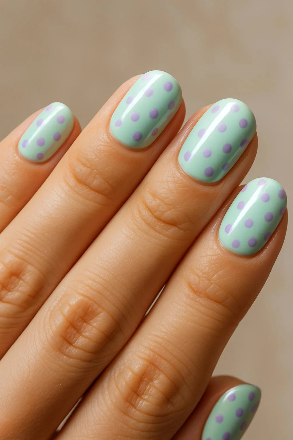Mint green nails with purple polka dots