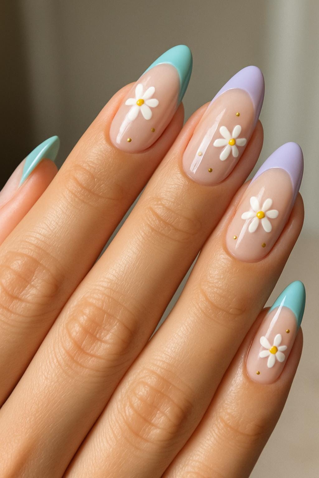 Almond-shaped nails with blue and lilac French tips and white daisy designs