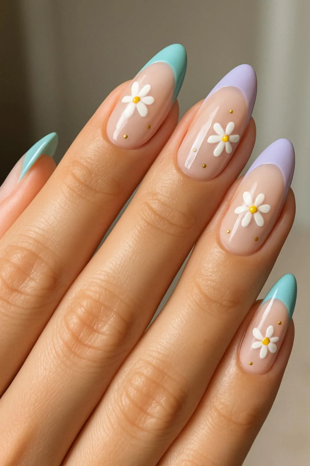 Almond-shaped nails with blue and lilac French tips and white daisy designs