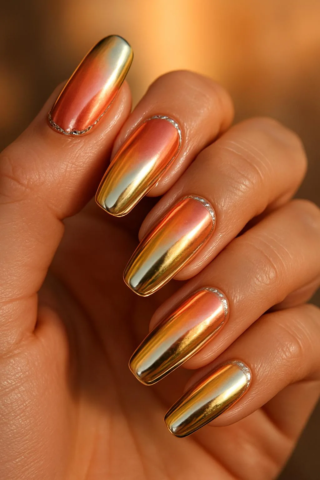Chrome sunset ombré nails with gold reflections and glitter cuticle accents