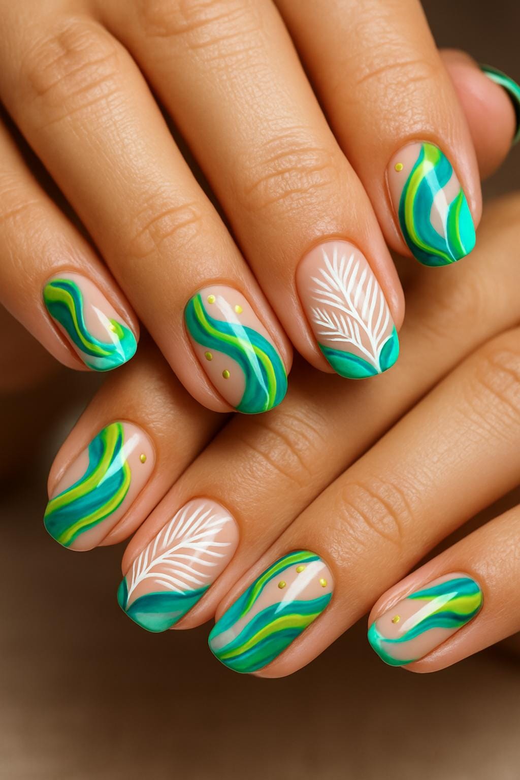 Green and yellow wavy summer nail art with white leaf accents