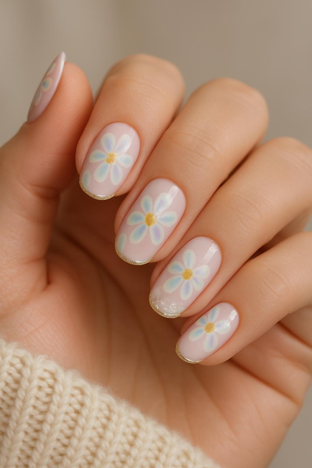 Pastel daisy flowers with yellow centers on sheer pink nails