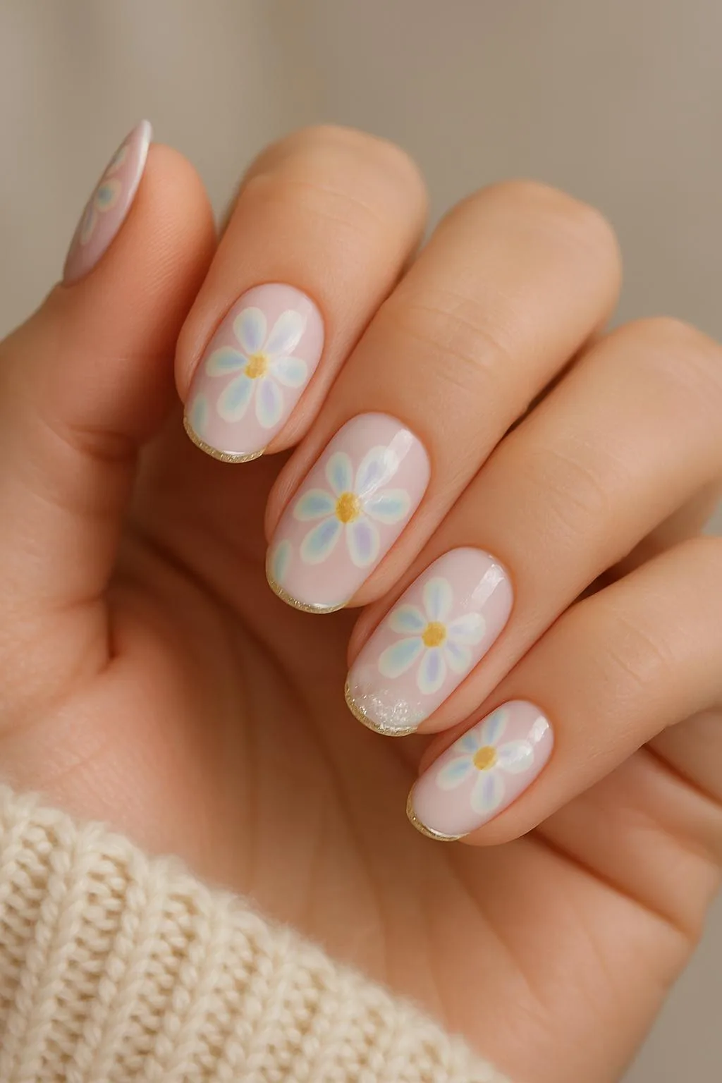 Pastel daisy flowers with yellow centers on sheer pink nails