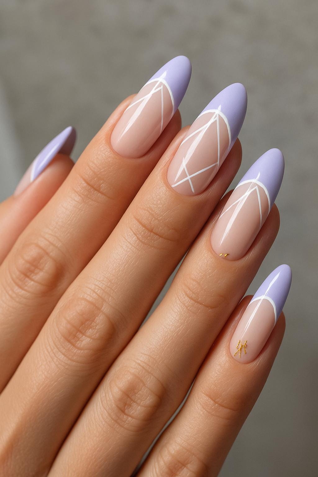 Light purple almond nails with white line designs