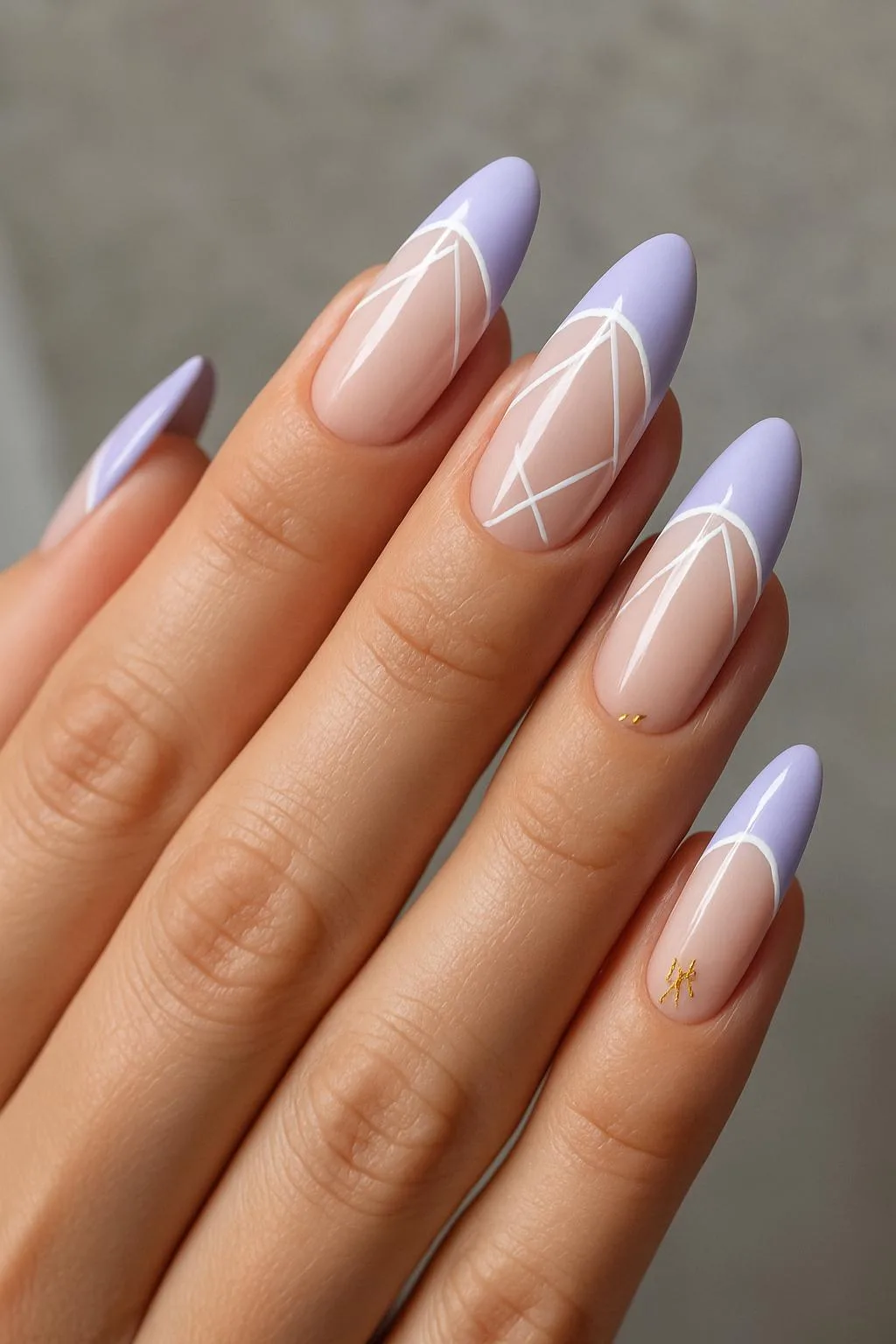 Light purple almond nails with white line designs