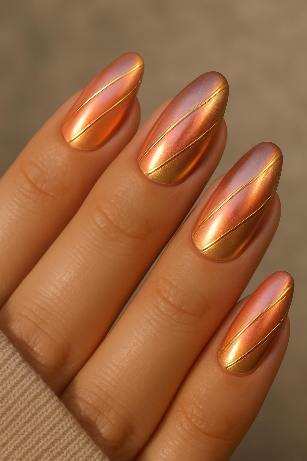 Sunset chrome nails with gold diagonal lines