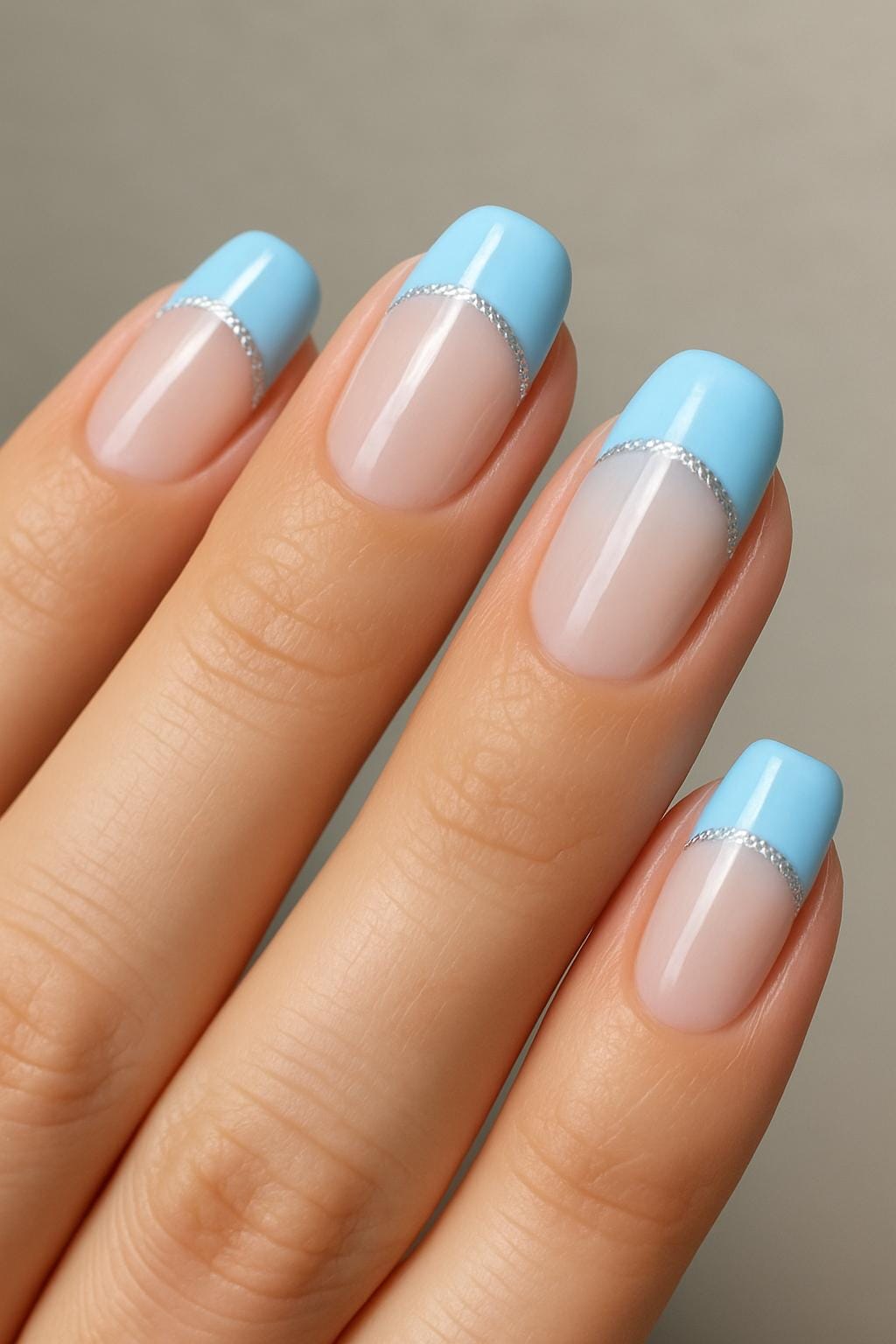 Blue French tips with silver glitter lines