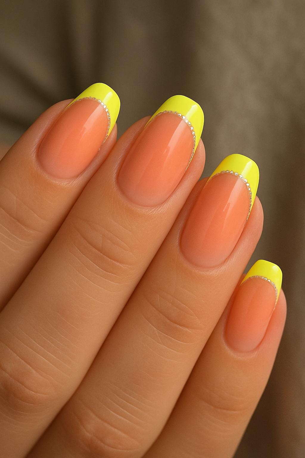 Peachy nails with neon yellow french tips