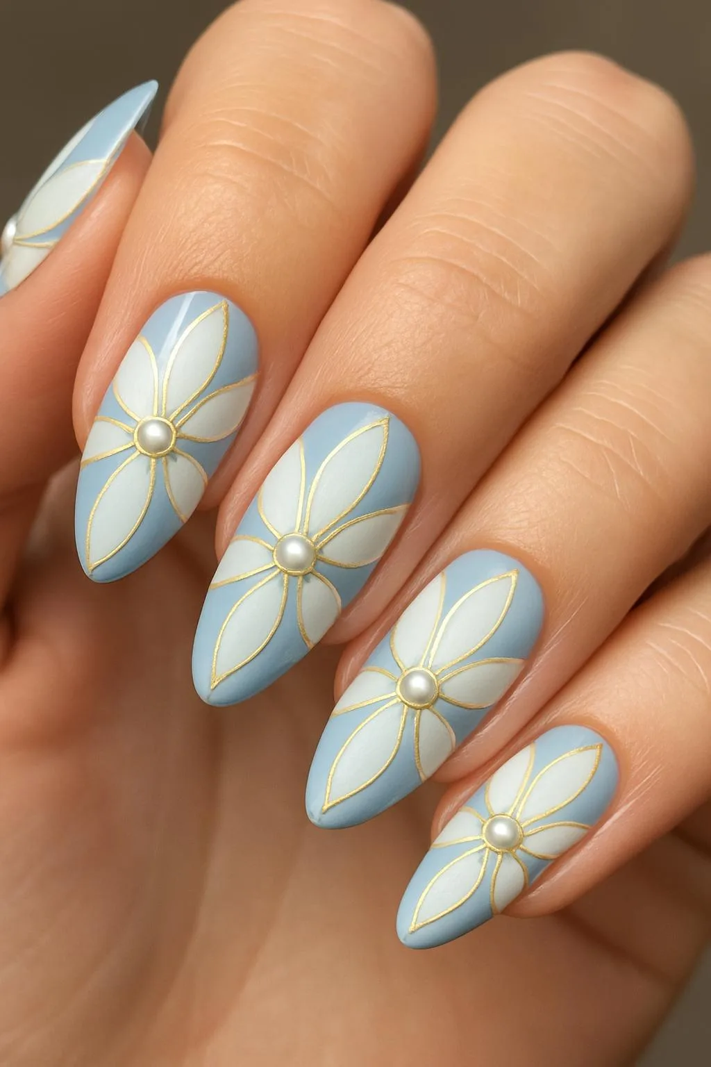 Light blue almond nails with white flower petals and golden outlines, featuring pearl centers