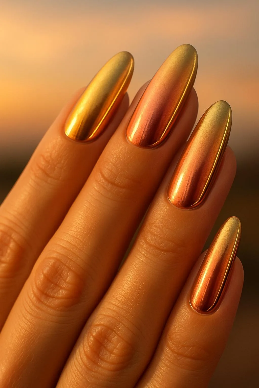 Sunset chrome nails with warm golden and orange gradient