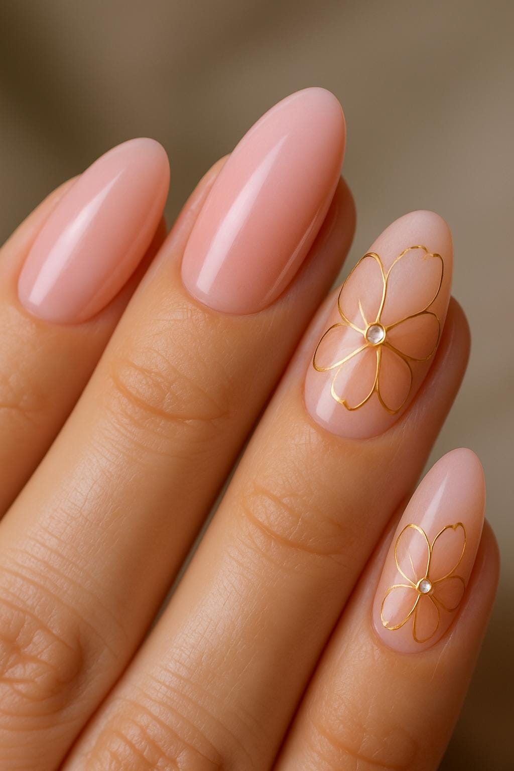 Pink almond nails with delicate gold-outlined flowers