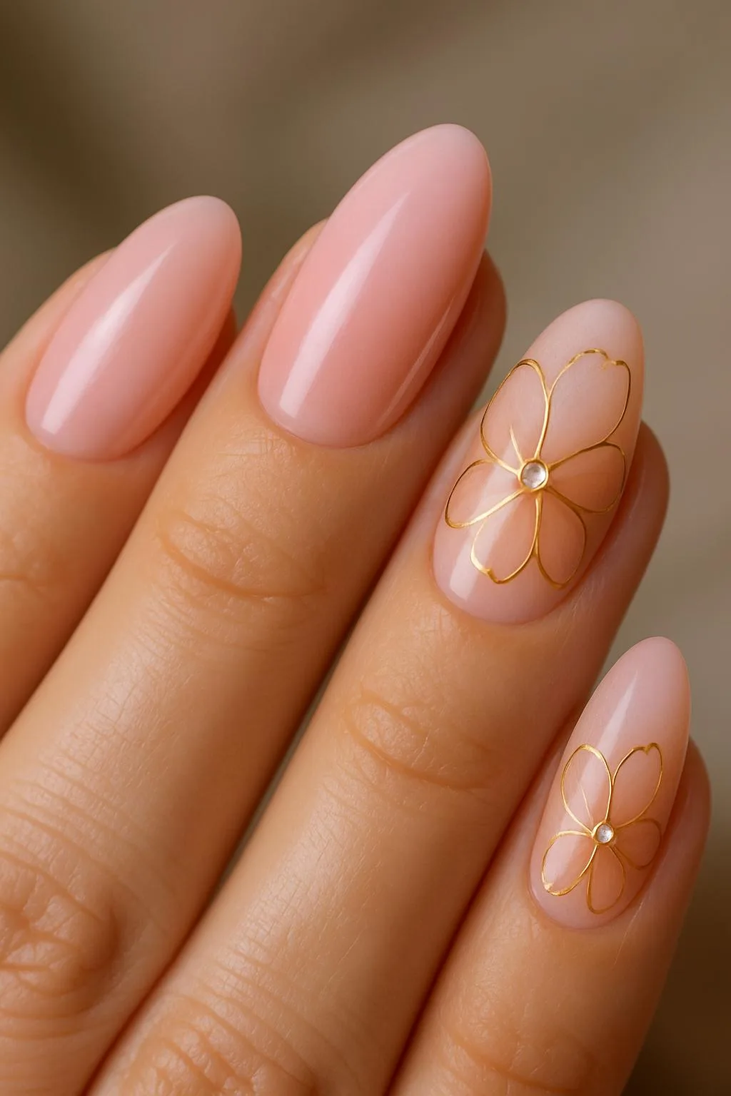 Pink almond nails with delicate gold-outlined flowers