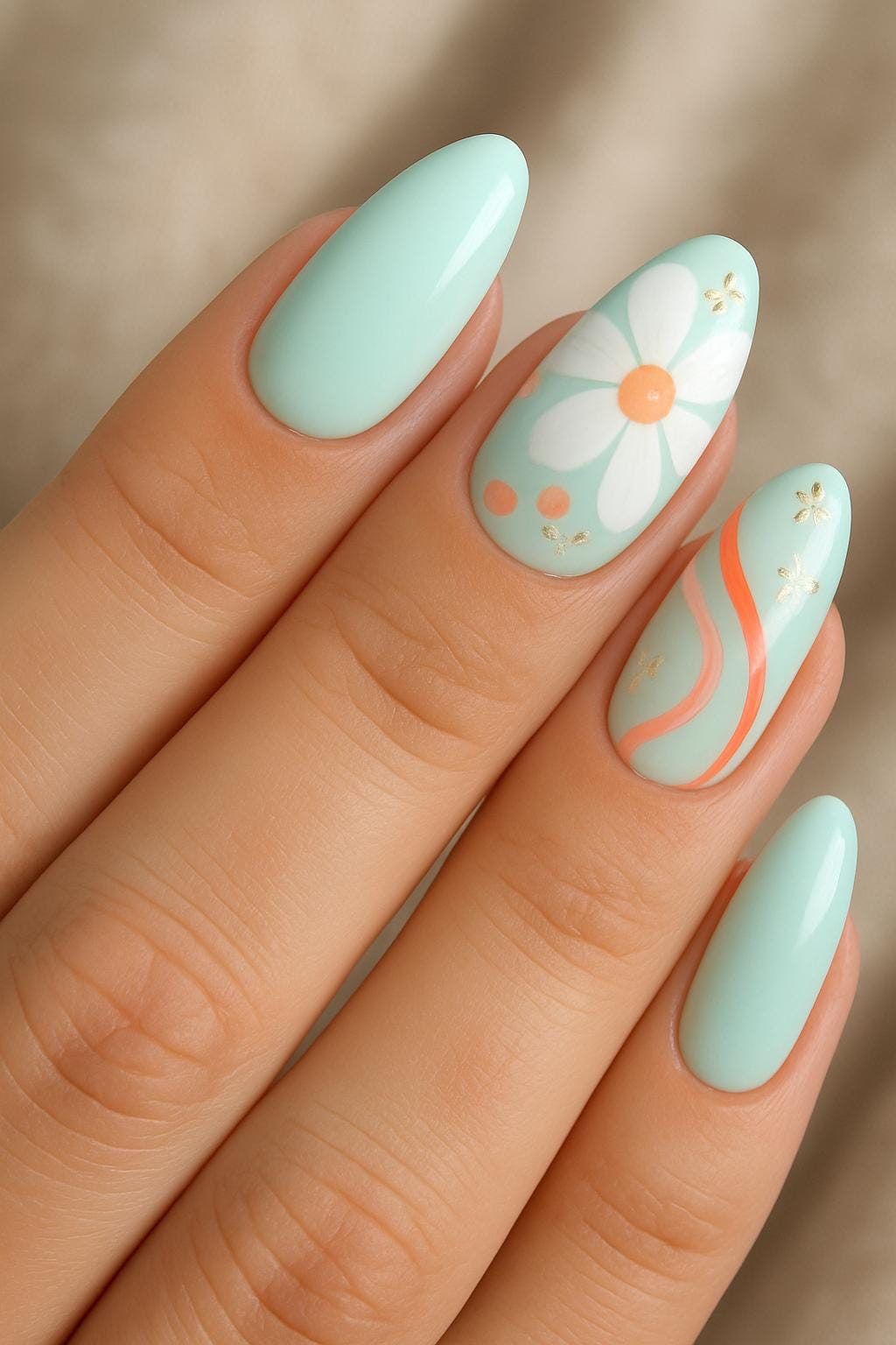 Mint green almond nails with white daisy art and wavy orange lines