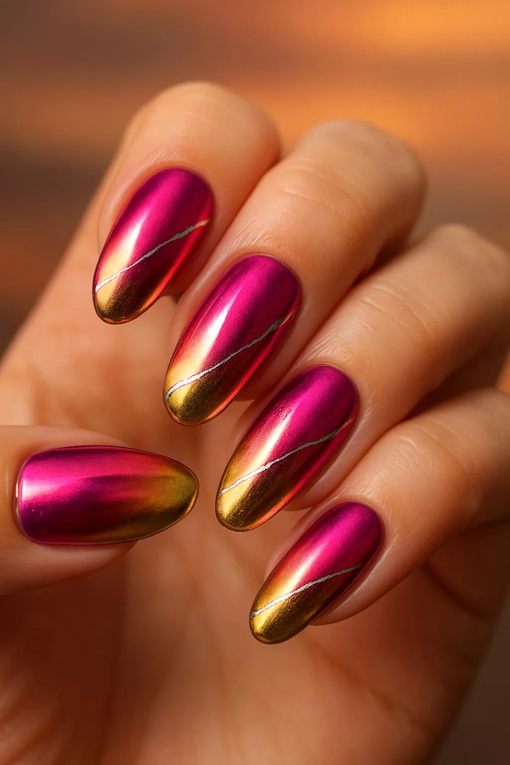 Magenta and gold ombré chrome nails with diagonal silver lines