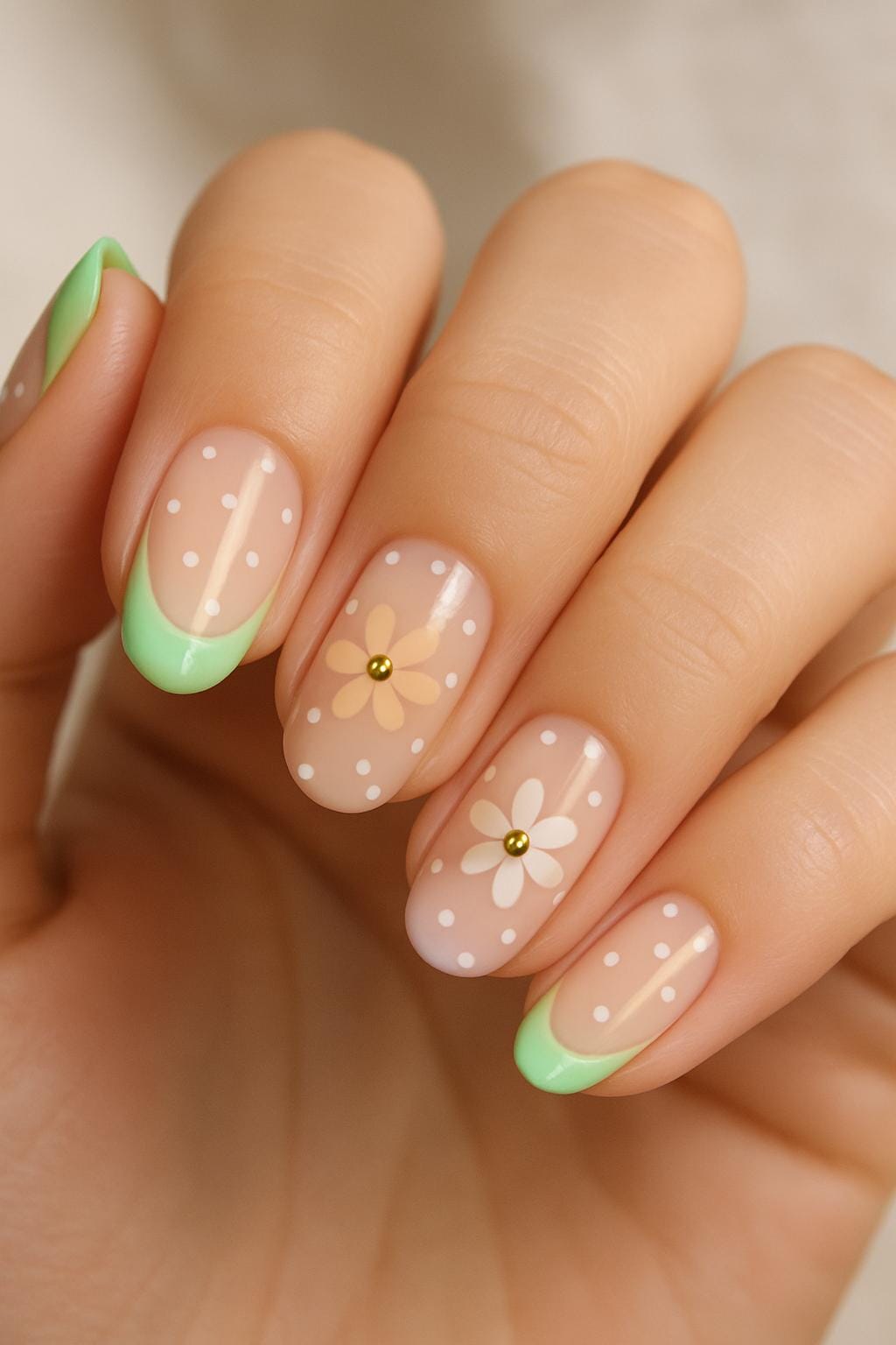Pastel green French tips with daisies and white polka dots