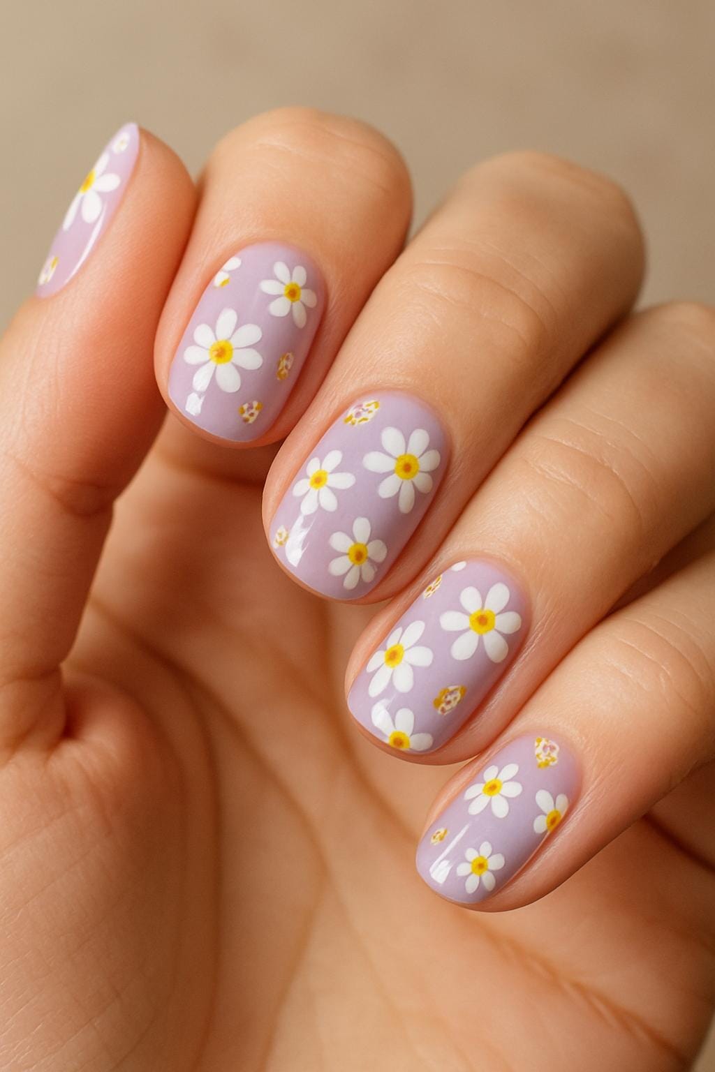 Purple base nails with white daisy flower art