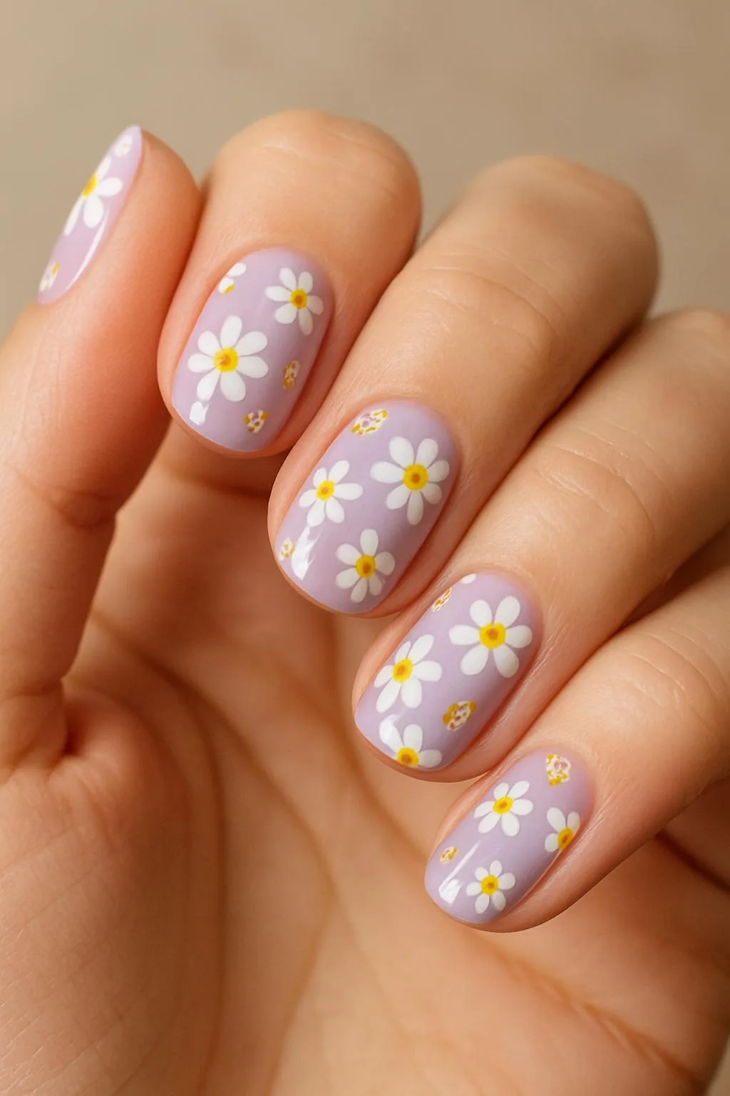 Purple base nails with white daisy flower art