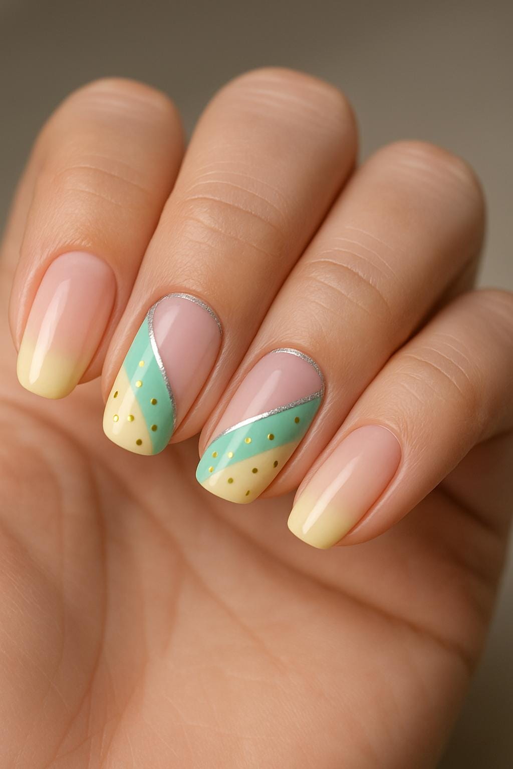 Summer nails with pastel yellow ombré, aqua diagonal bands, and metallic accents