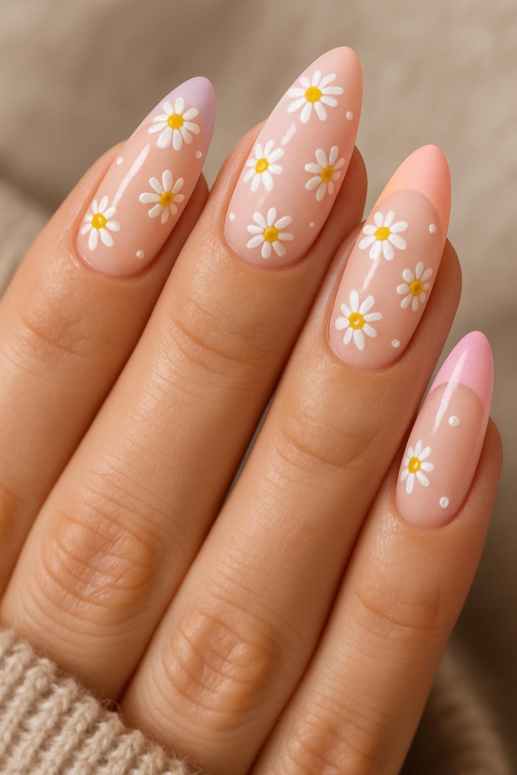 Almond nails with pastel tips and cheerful daisy florals