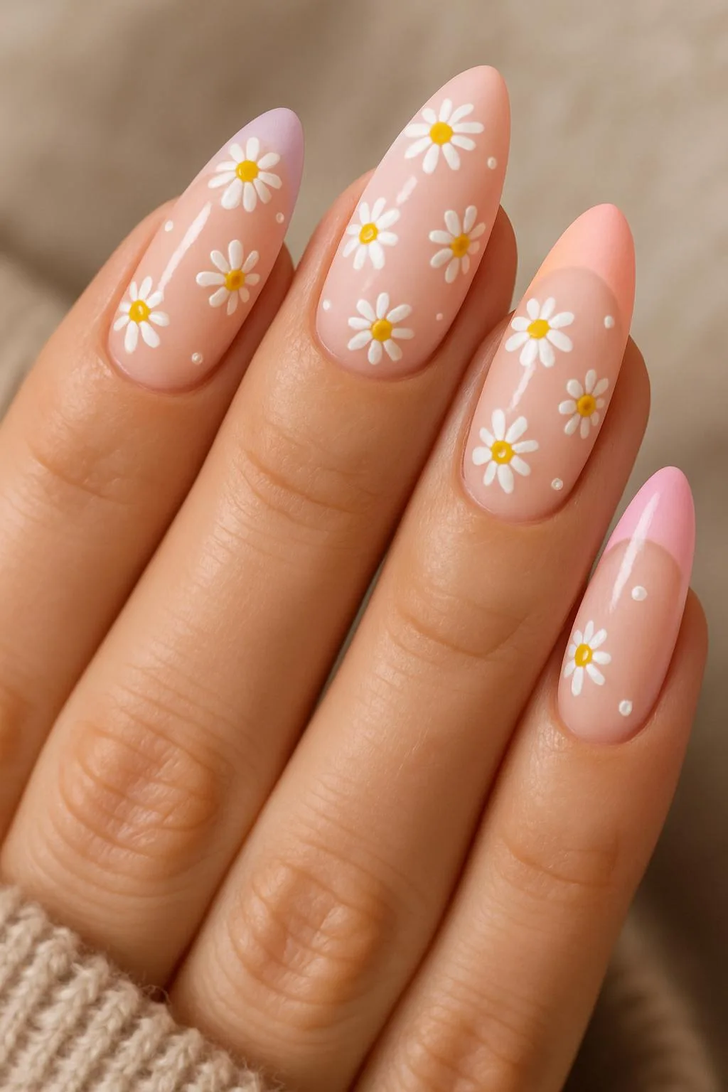 Almond nails with pastel tips and cheerful daisy florals