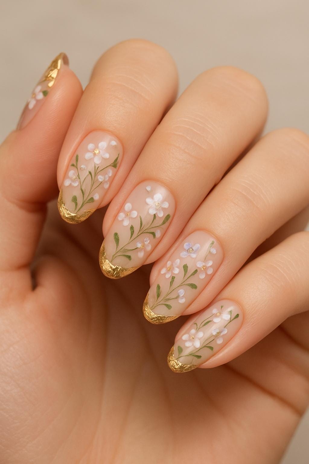 Delicate daisy florals and gold tips on nude nails