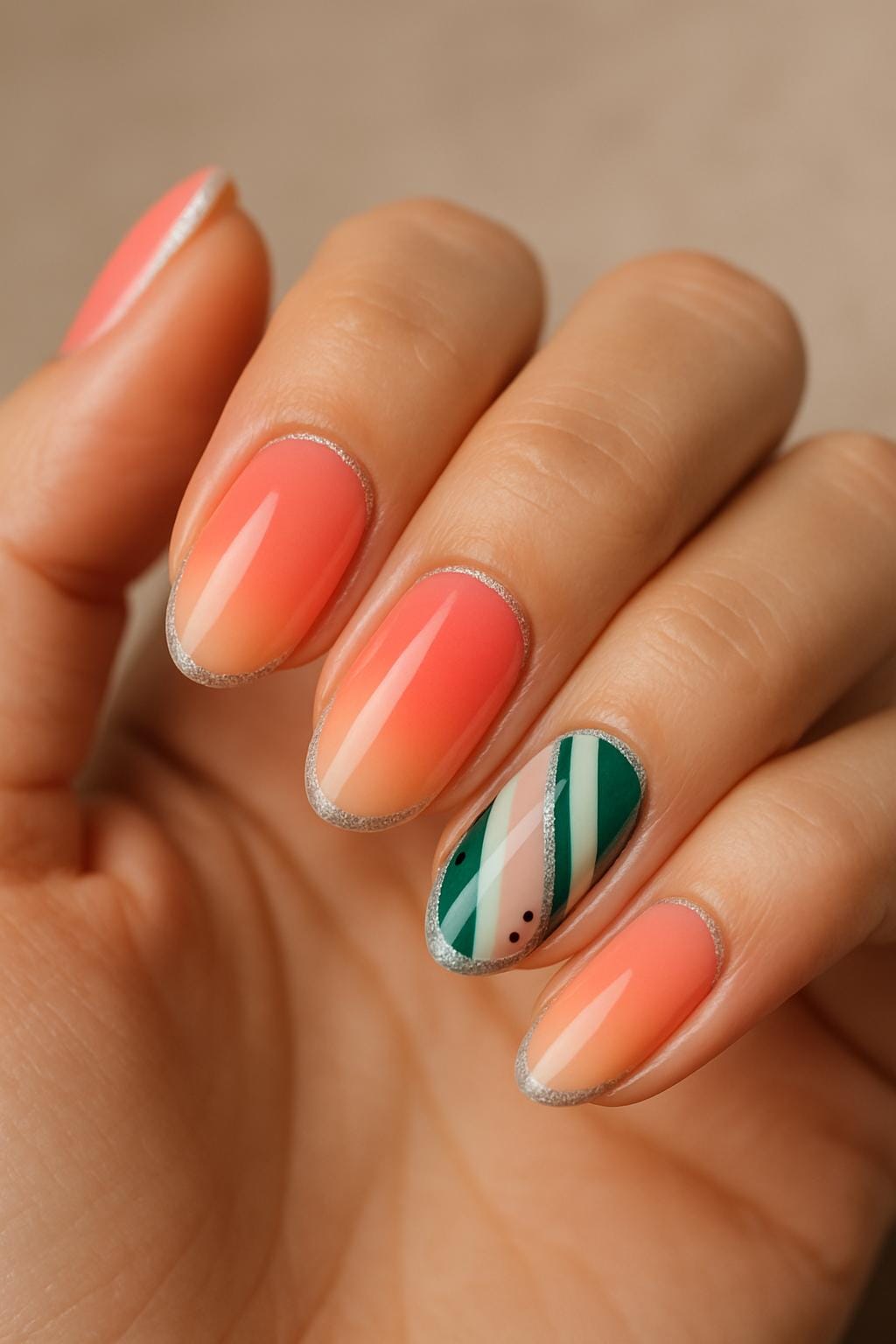Peachy ombré nails with silver tips and a green striped accent nail