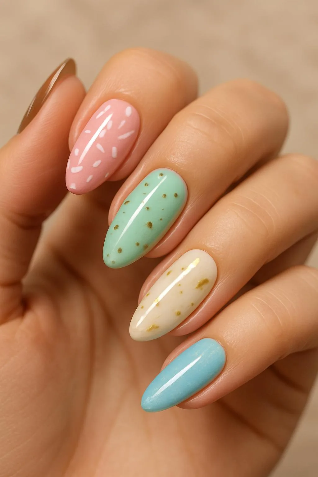 Pastel almond nails in pink, mint, cream, and blue, with sprinkle and gold fleck details