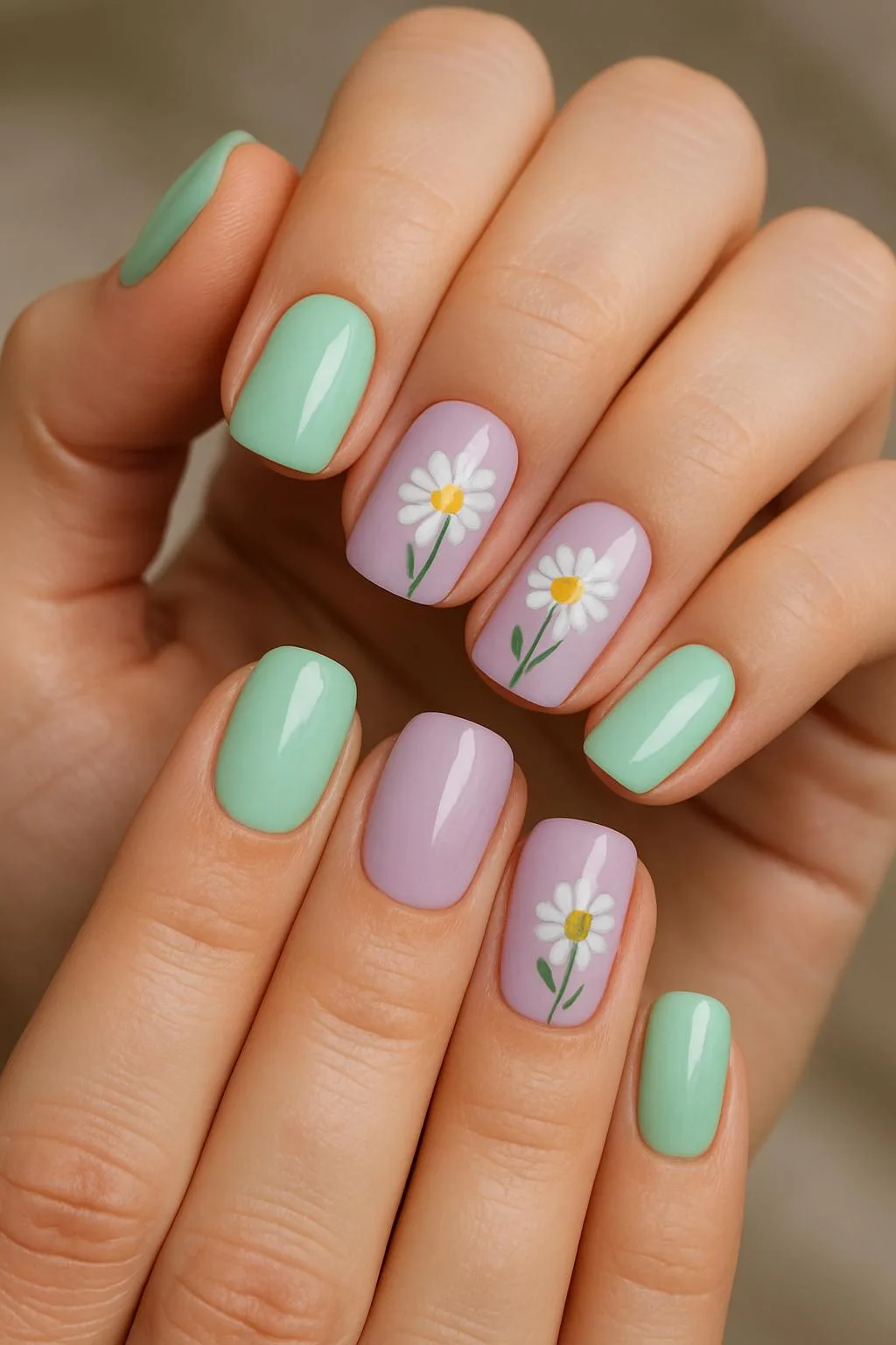 Pastel green and lavender nails with daisy designs