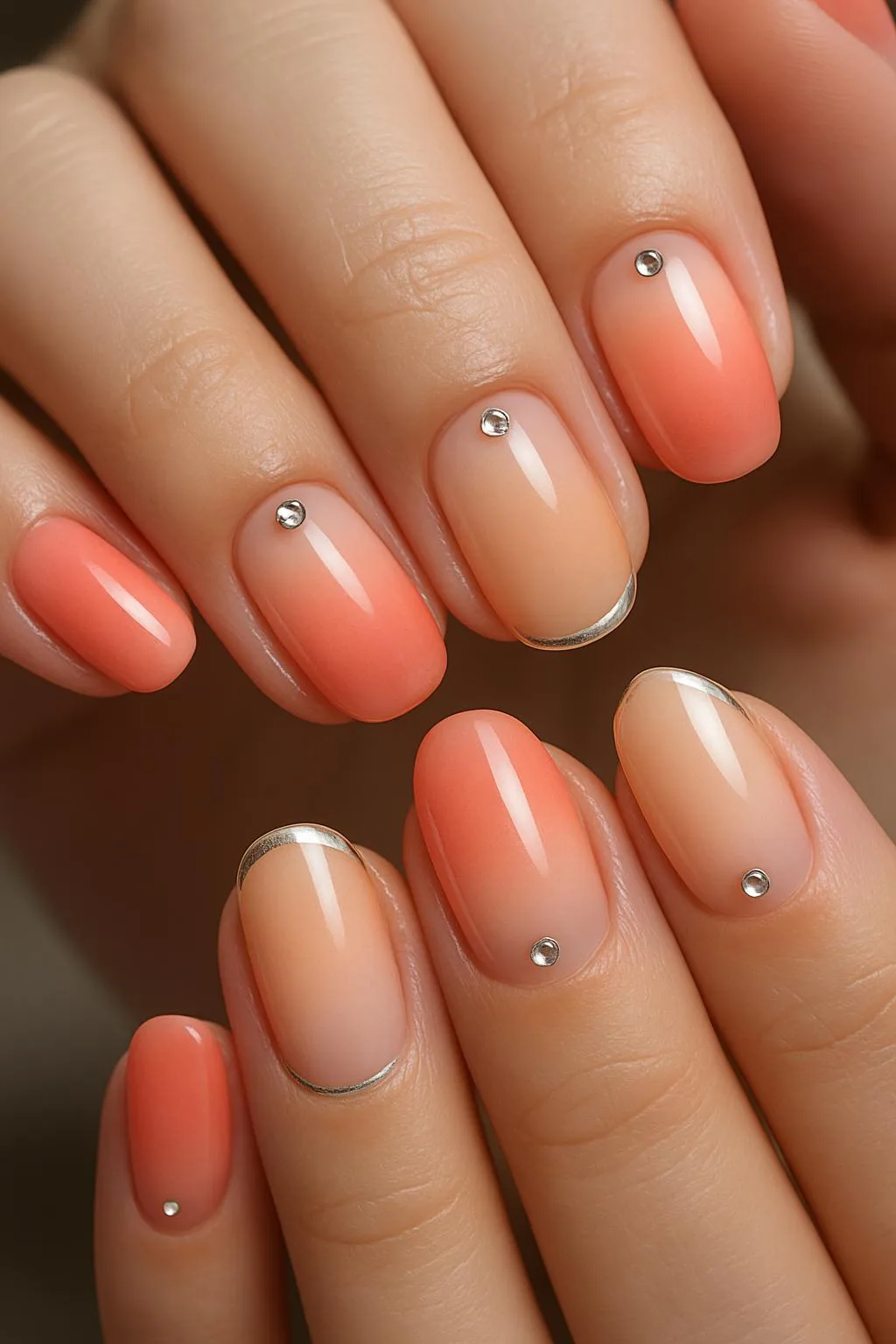 Peachy ombré nails with dainty silver studs