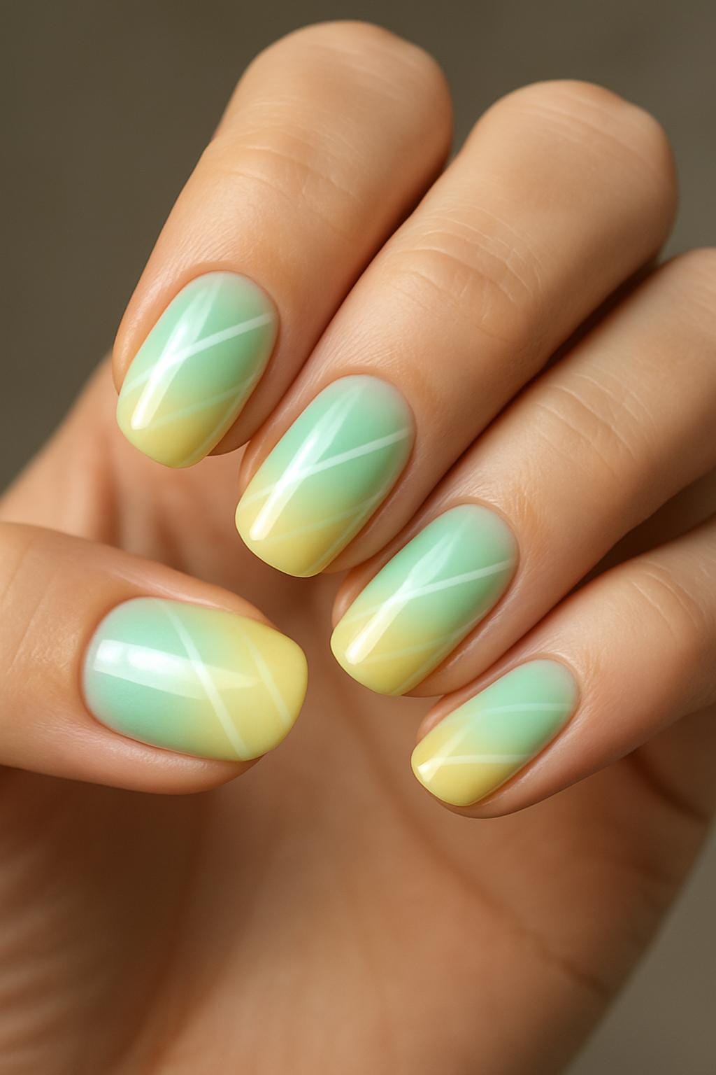 Pastel yellow and mint-green ombre nails with diagonal white lines